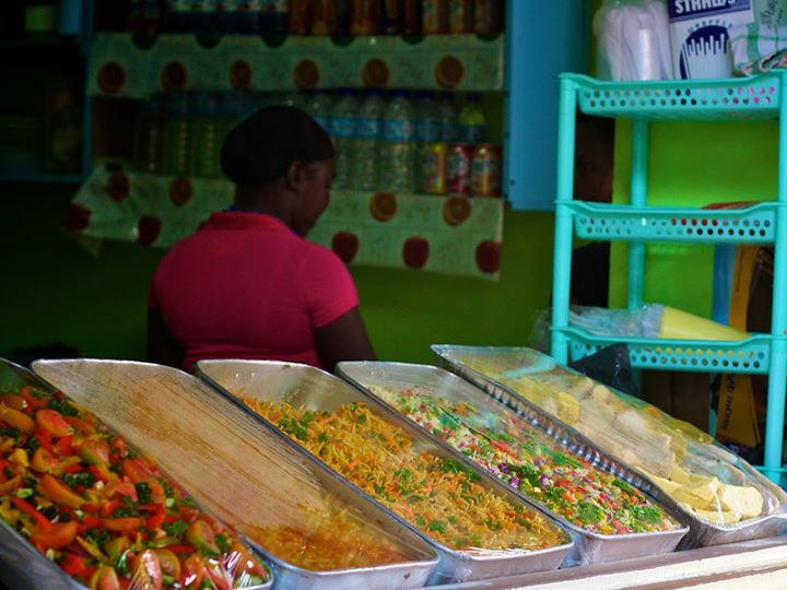 A display of St. Lucian local food at food stalls in the Castries Market.