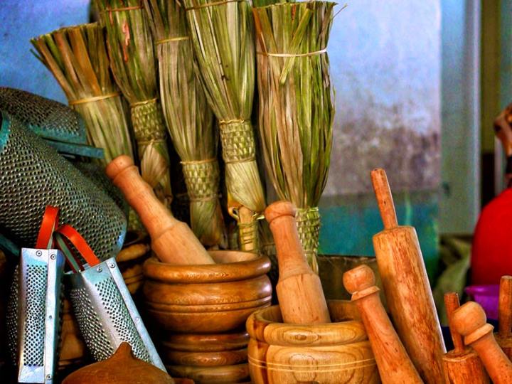 Colorful display of St. Lucian crafts and souvenirs at the Castries Market.